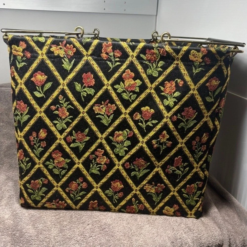 Vintage Tapestry Knitting Bag Black Floral Diamond Trellis Metal Frame Tote